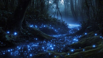 Enchanted forest trail illuminated with magical bioluminescent lights atmosphere