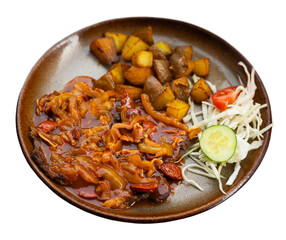 Traditional Slovak Tulacka rostenka, or Wanderer Roast Beef in sauteed tomato sauce with peppers, slices of smoked sausage and bacon, pared with baked potatoes, crisp coleslaw. Isolated over white