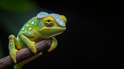 Obraz premium Vibrant Green Chameleon on Branch Close up Reptile Portrait Exotic Wildlife Photography
