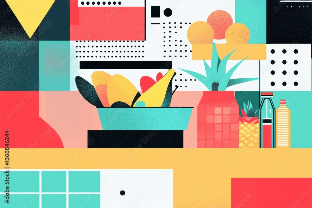 Poster stylish abstract grocery shopping theme featuring geometric shapes and bold colors in a modern desig