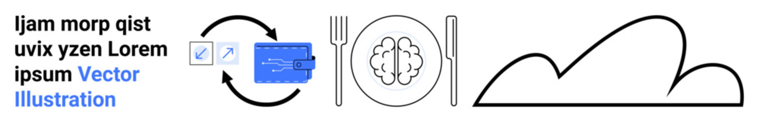 Data sharing represented with cycle arrows, document, credit card, utensils, brain, and cloud shape. Ideal for data flow, exchange, meal planning innovation cloud computing education simple