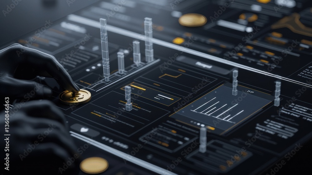 Poster futuristic hand interacting with digital bitcoin on hightech interface technology and finance