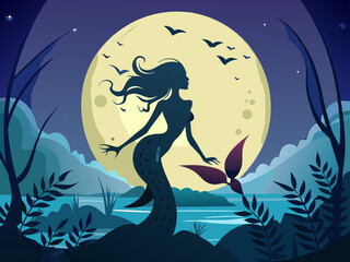 vector of Silhouette of a Mermaid Underneath a Full Moon