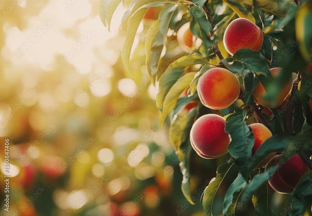 Poster fresh peaches hanging on a tree branch in a sunlit orchard during the golden hour with soft backgrou