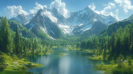 Naklejka premium Serene mountain lake reflecting snow-capped peaks under a bright sky.