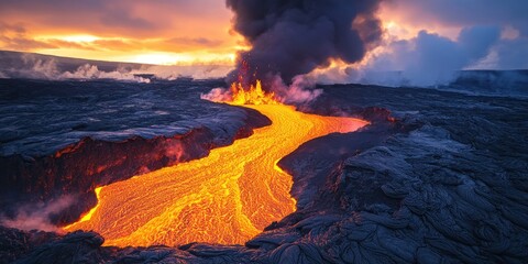 Fototapeta premium Spectacular volcanic eruption featuring molten lava flowing down rugged terrain