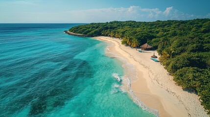 Secluded tropical beach with turquoise water, white sand, and lush greenery.