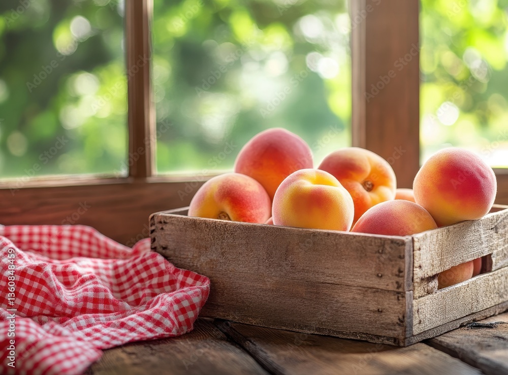 Aufkleber fresh peaches in a wooden crate on a rustic table near a window with soft light and greenery in the 
