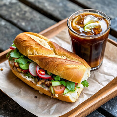 Vietnamese B&aacute;nh M&igrave; Sandwich with Iced Coffee