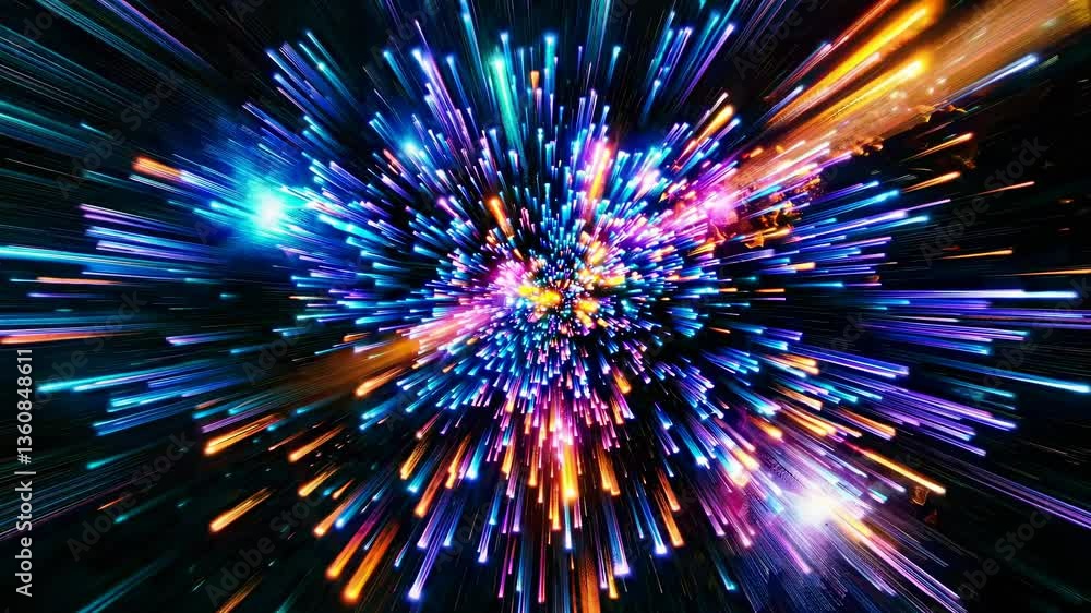 Poster dynamic video concept with a cosmic explosion of colorful lights, captured from a central angle, cre