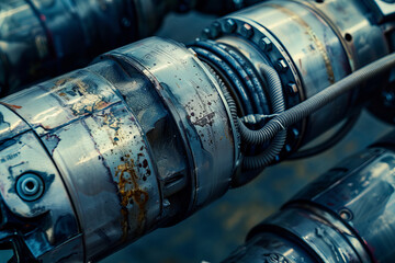 A detailed view of an industrial metal pipe section, featuring coiled cables, bolts, and weathered surfaces stained with rust and oil.