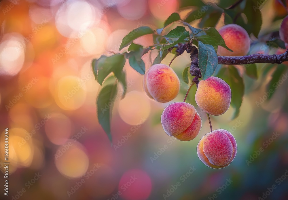 Poster fresh peaches on a branch with vibrant background bokeh showing warm autumn colors and soft focus, s