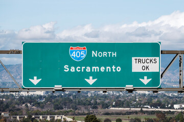 Sacramento 405 freeway north sign with the San Fernando Valley and Los Angeles in the background. 