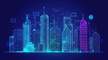 Fototapeta premium Futuristic Cityscape, digital architecture, glowing lines, night scene. Potential stock photo use Technology, Urban Development