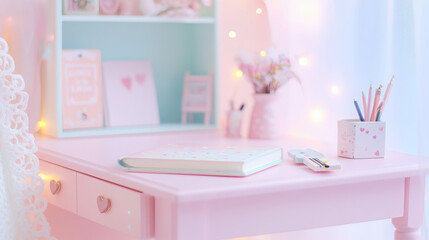Dollhouse-inspired pastel home office design with playful decor elements