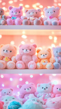 Adorable cutecore plushie collection display with pastel colors and cozy lighting