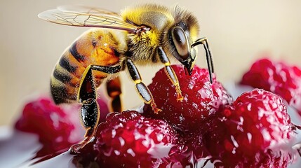 Naklejka premium Honeybee on Raspberries: A Macro Photography Masterpiece of Nature's Sweetness