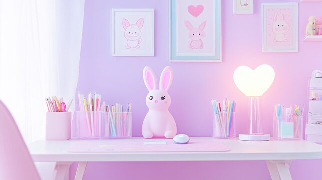 Pastel cutecore workspace inspiration featuring bunny decor and heart lamp