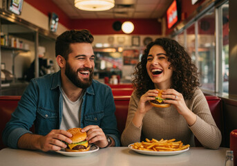 Man and woman enjoying hamburgers in a fast food joint.