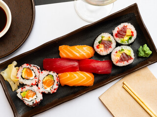 Sushi combo - uramaki, makis, nigiris. Japanese cuisine