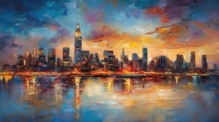 Obraz premium Vibrant sunset over New York City skyline reflecting on the water, showcasing urban life and architecture