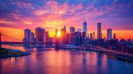 Fototapeta premium Vibrant sunset over a city skyline with reflections in the water and dynamic clouds in the background