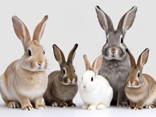 Fototapeta premium Five fluffy rabbits of different colors and sizes, white background, easter bunnies 2026