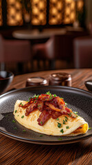 Delicious french omelet with crispy bacon in elegant dining setting