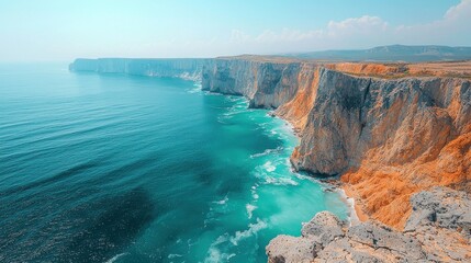 Dramatic coastal cliffs meeting turquoise ocean.