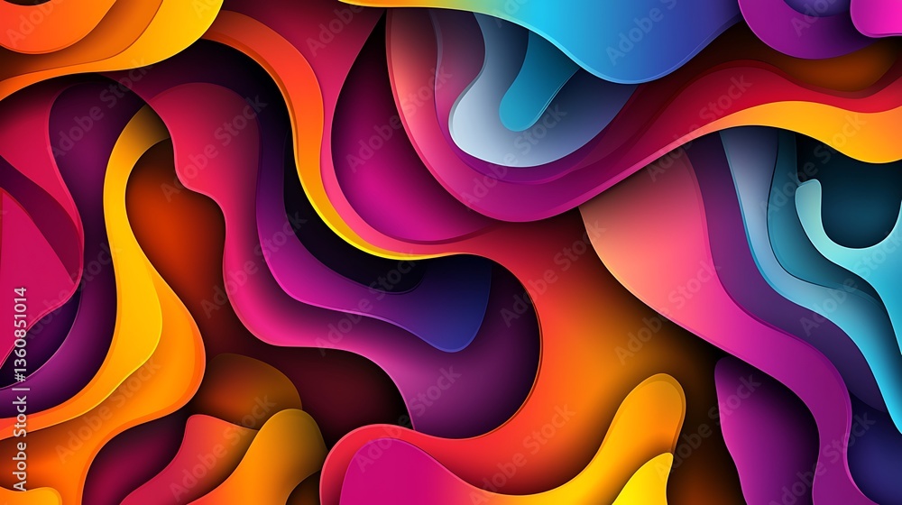 Poster vibrant, dynamic abstract design with layered, flowing forms in a spectrum of bold colors