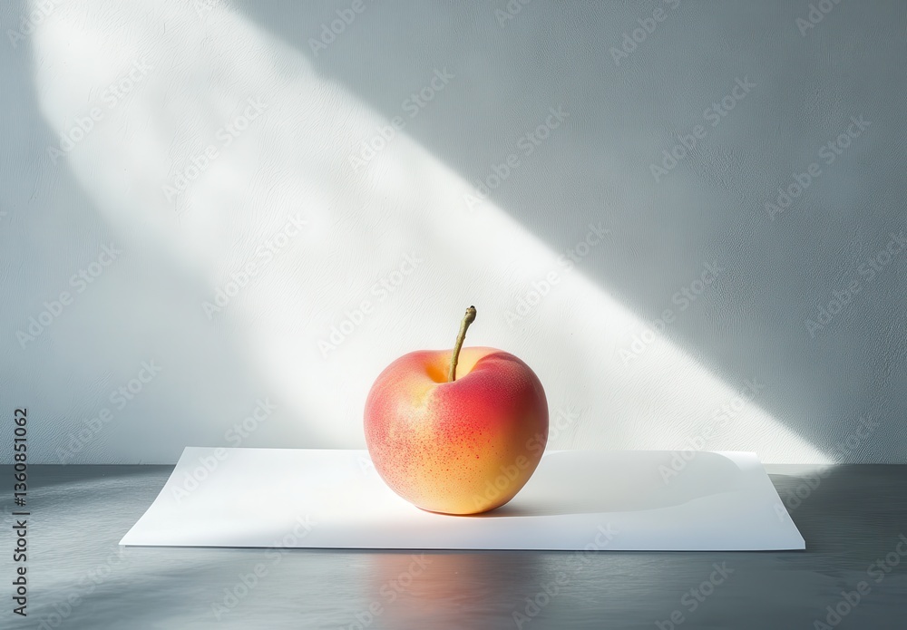 Poster fresh red apple on white sheet surrounded by soft natural light creating a minimalist aesthetic in a