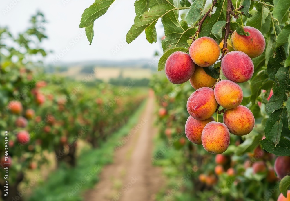 Poster fresh ripe apples hanging on trees in orchard with green foliage and scenic rows of fruit trees near