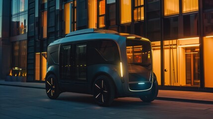 Obraz premium Futuristic electric vehicle parked in front of modern building at night