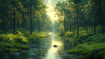 Sunlit river flows through lush green forest.