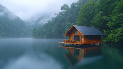 Fototapeta premium Misty Lakeside Cabin Retreat
