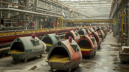 Industrial Factory Interior: Rows of Metal Containers in a Manufacturing Plant