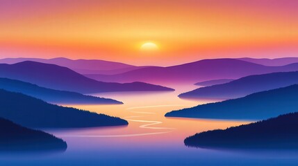 Fototapeta premium Serene sunset landscape Misty mountains, calm lake, vibrant colors. Ideal for travel, nature, and tranquility themes.