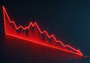 Fototapeta premium Bold red line graph on dark backdrop, ascending sharply with peaks and valleys, indicating dynamic financial growth and fluctuation.