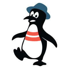 Cartoon Penguin in Hat and Stripes, Cute Animal Illustration for Kids and Nature Art