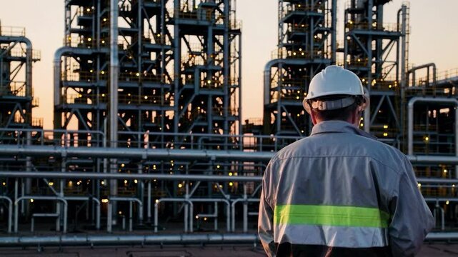 A video still shows a low-angle view of an industrial worker in a hard hat observing a refinery's towering structures at dusk.