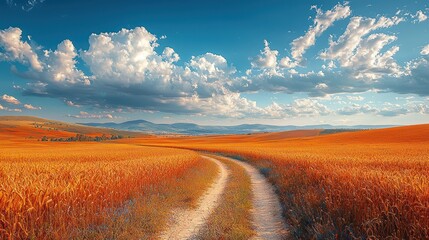 Obraz premium Dirt road curves through a golden wheat field under a vibrant sky.