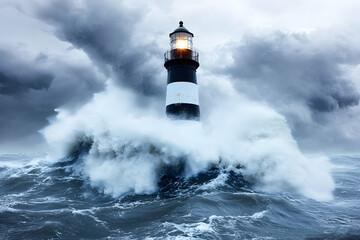 Lighthouse enduring stormy ocean waves