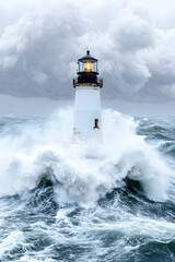 Lighthouse in Stormy Sea, Powerful, Coastal, Majestic