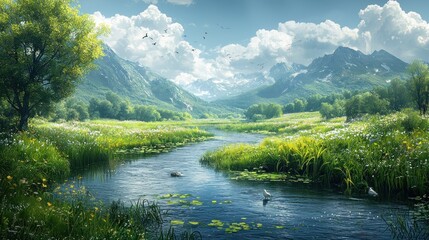Serene river flows through vibrant meadow, nestled in majestic mountains under a sunny sky.