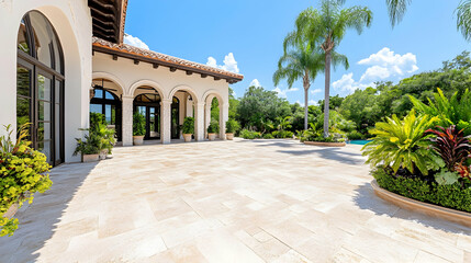 Fototapeta premium Luxurious Outdoor Patio Area with Pool; Spacious Home Exterior