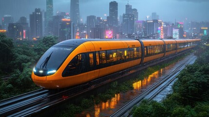 Naklejka premium Futuristic Train Journey Through a Rain-Soaked Metropolis