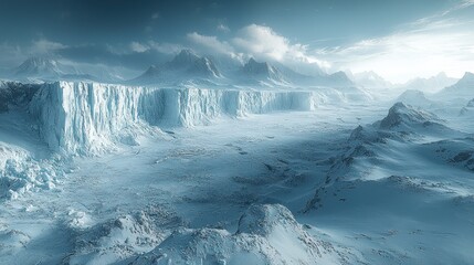 Frozen landscape with vast icy cliff and snow-covered mountains under a dramatic sky.