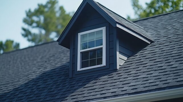 Rooftop window detail.  Dark, modern gable roof with a small, white window
