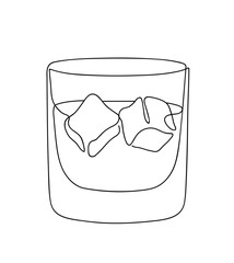 Whiskies and ice. Scotch on the rocks in a glass. Whiskey and soda. Continuous one line drawing vector illustration
