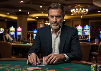 Man in suit, intense expression, playing poker at a table with cards and chips, focused on his hand.